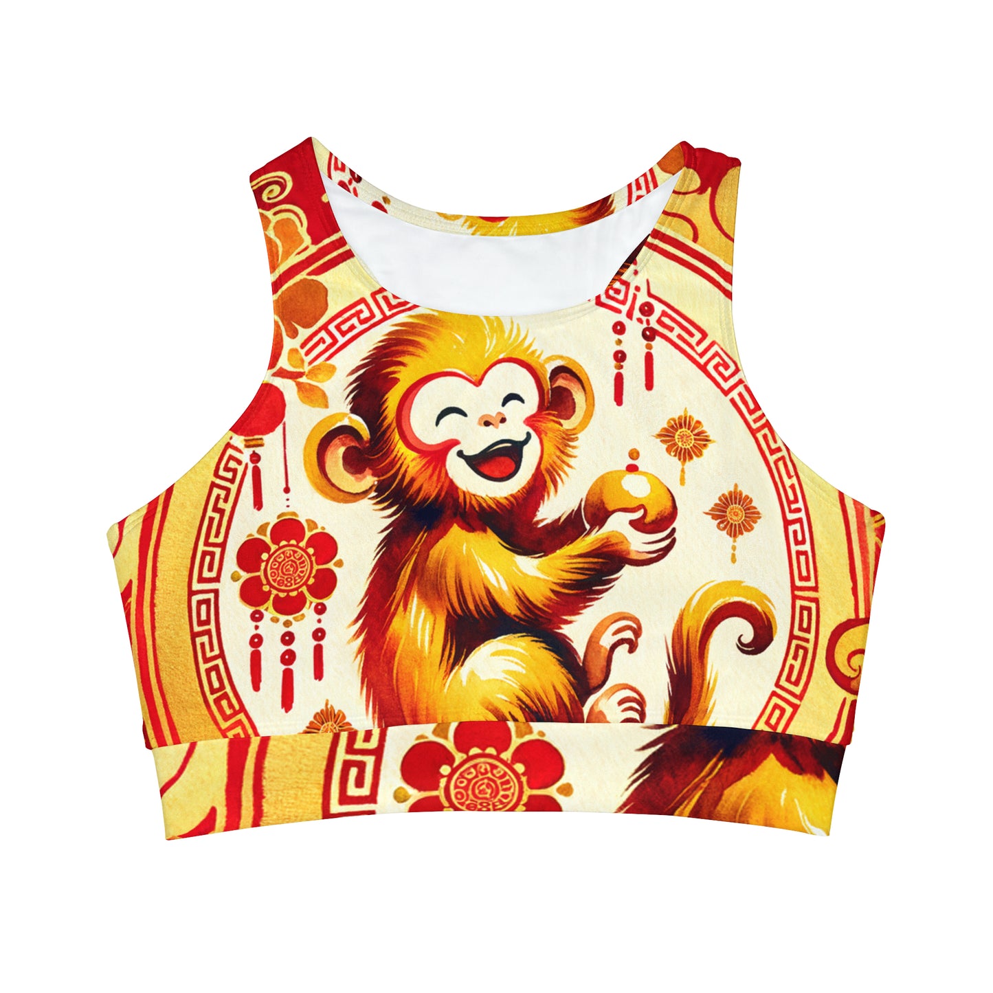 "Golden Simian Serenity in Scarlet Radiance" - High Neck Crop Top