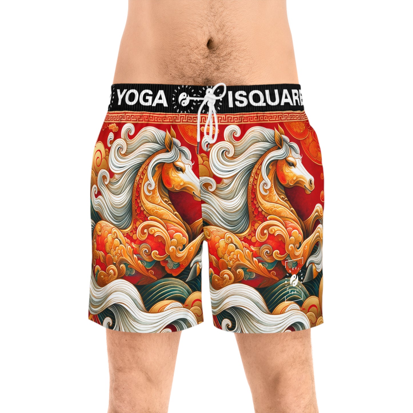 "Gold Gallop on Vermilion Vista: A Lunar New Year’s Ode" - Swim Shorts (Mid-Length) for Men