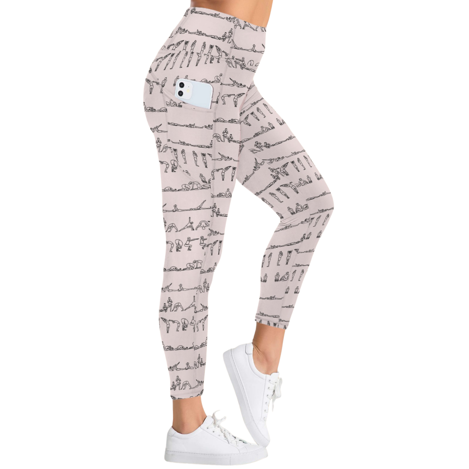 Bikram Pastel iSquared Pocket Leggings in soft pink with a yoga pose pattern, featuring side pockets and a high-rise waistband.