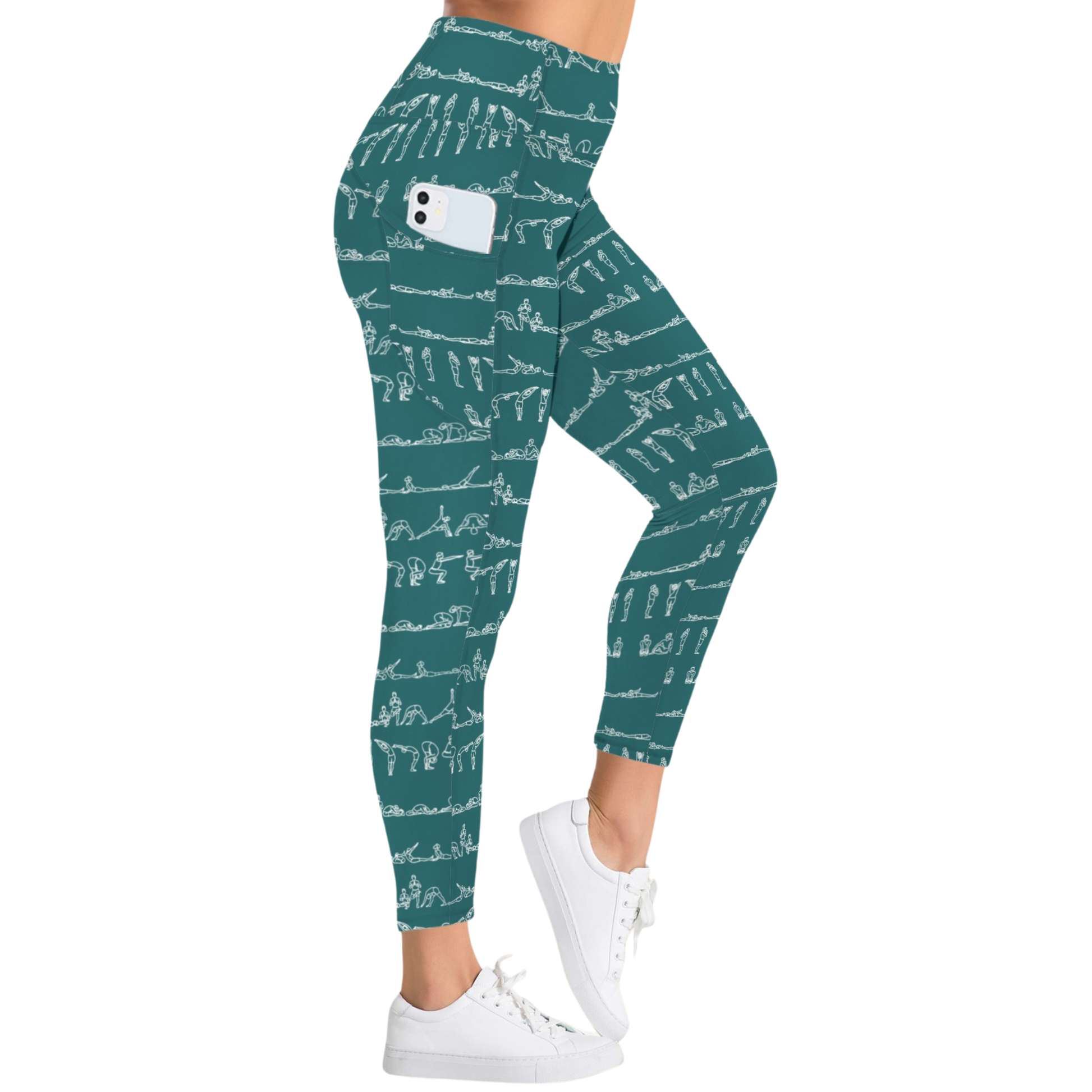 Bikram Ember pocket leggings in teal with white yoga poses pattern, high-rise fit, worn with white sneakers.