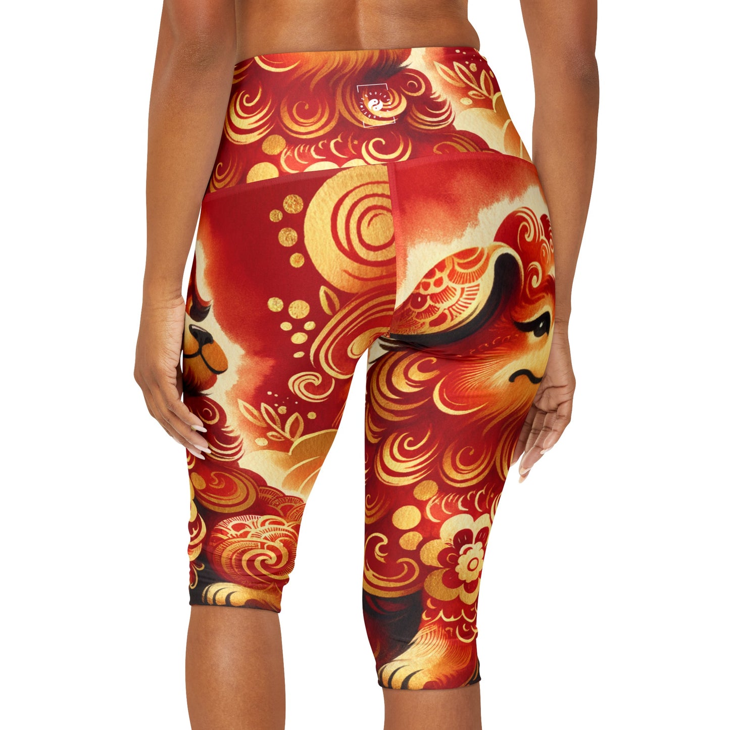 "Golden Canine Emissary on Crimson Tide: A Chinese New Year Odyssey" - High Waisted Capri Leggings