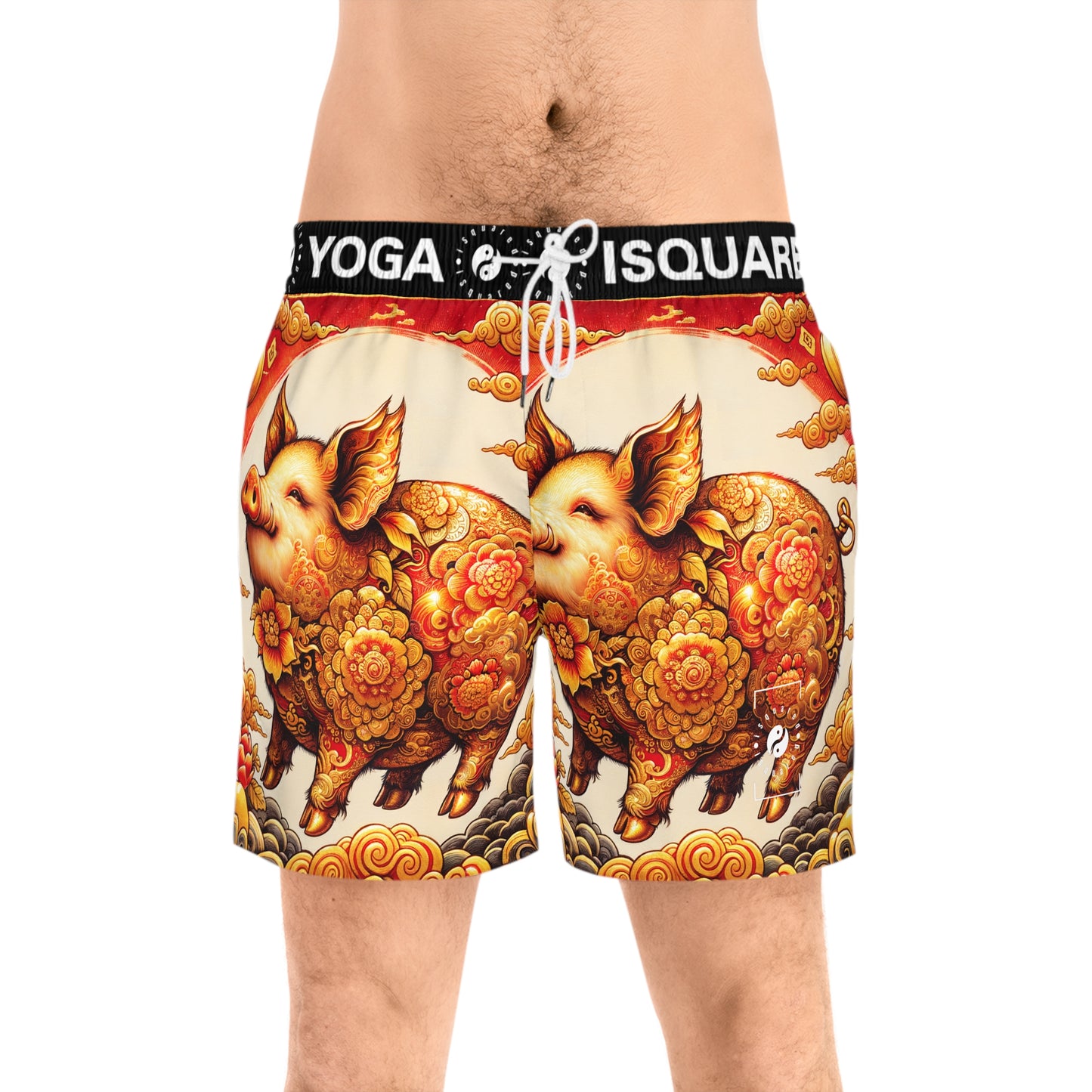 "Golden Prosperity: The Divine Swine Celebration" - Swim Shorts (Mid-Length) for Men