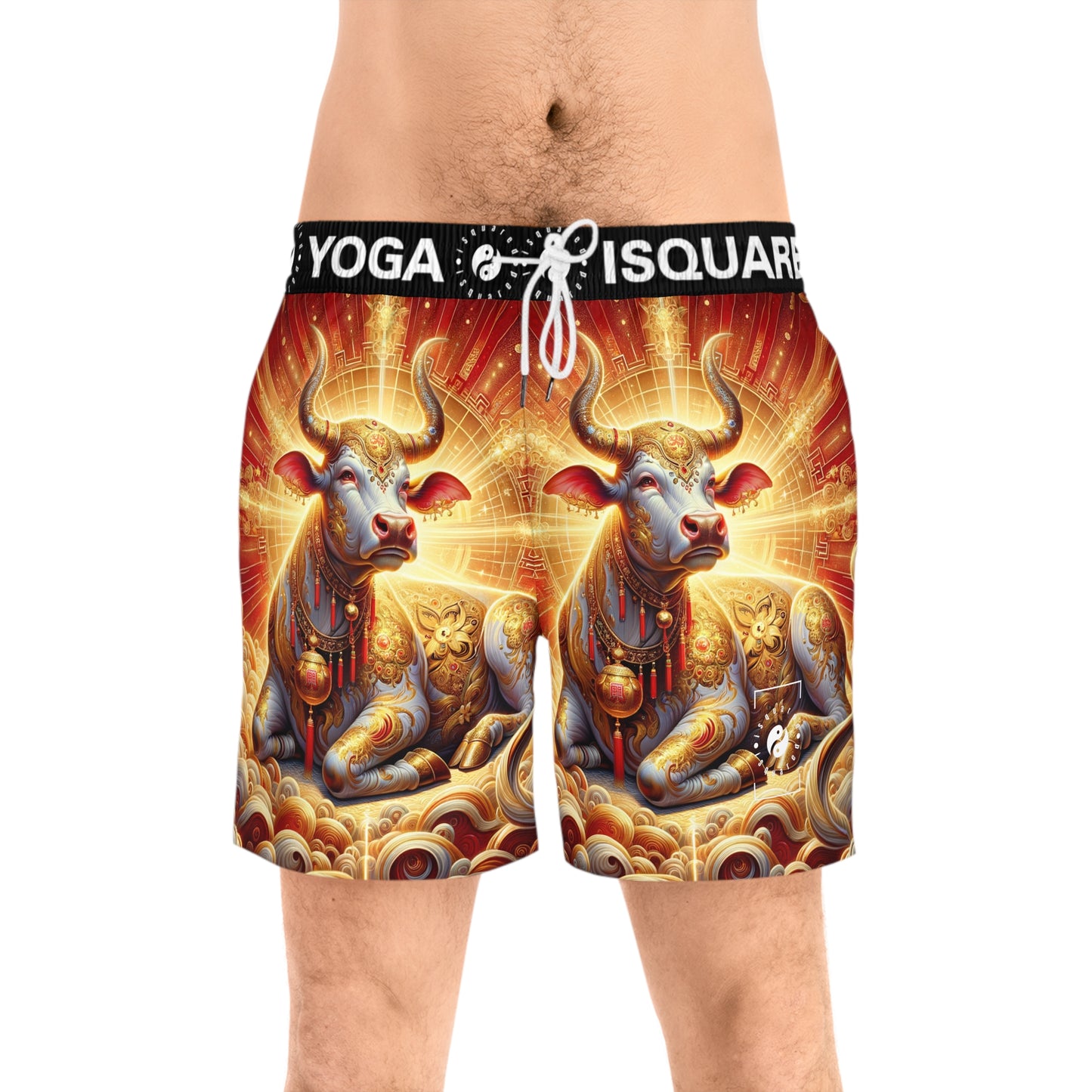 "Golden Euphoria: A Dance of the Divine Bovine" - Swim Shorts (Mid-Length) for Men