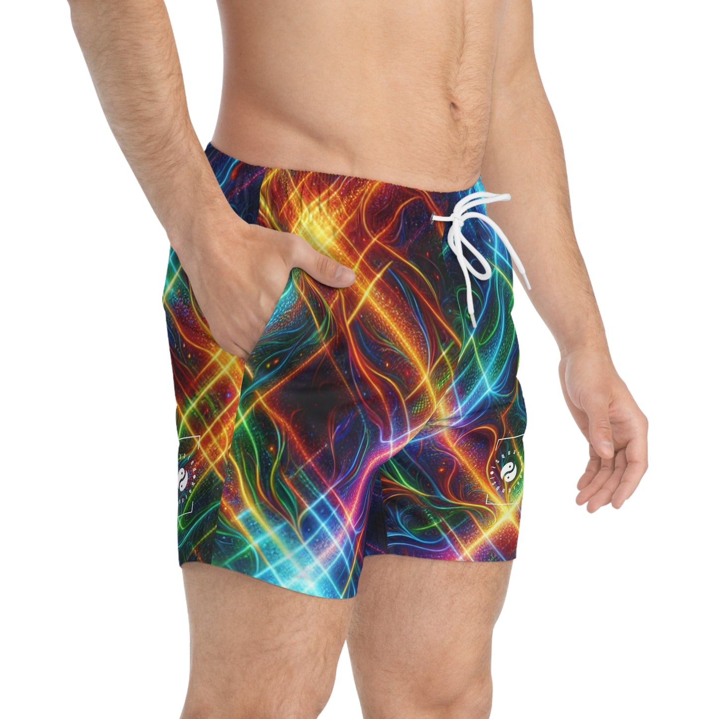 "Neon Plaid Luminosity Matrix" - Swim Trunks for Men