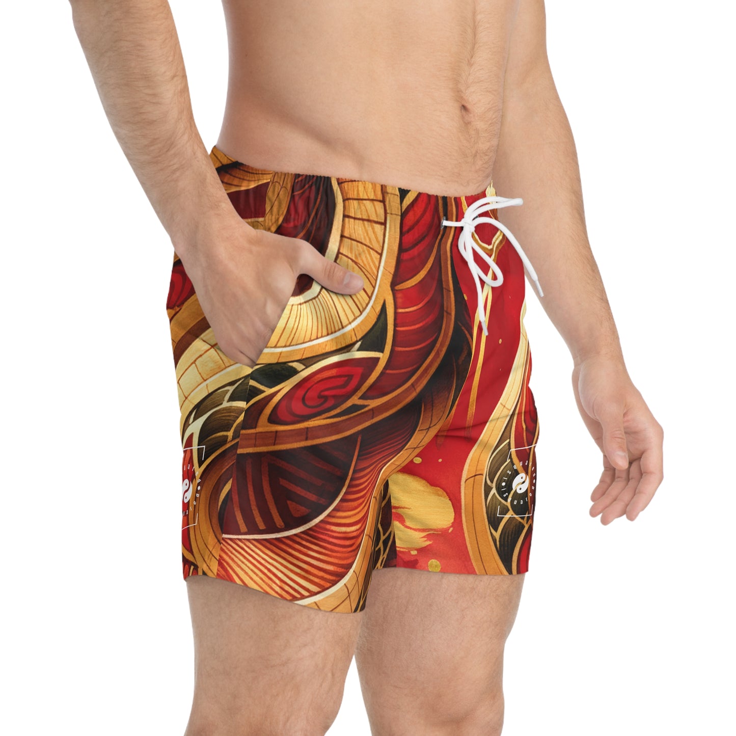 "Crimson Serenity: The Golden Snake" - Swim Trunks for Men