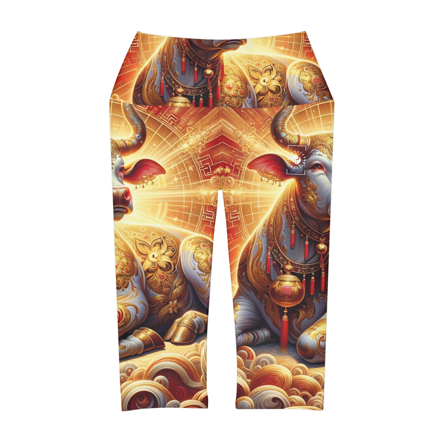 "Golden Euphoria: A Dance of the Divine Bovine" - High Waisted Capri Leggings