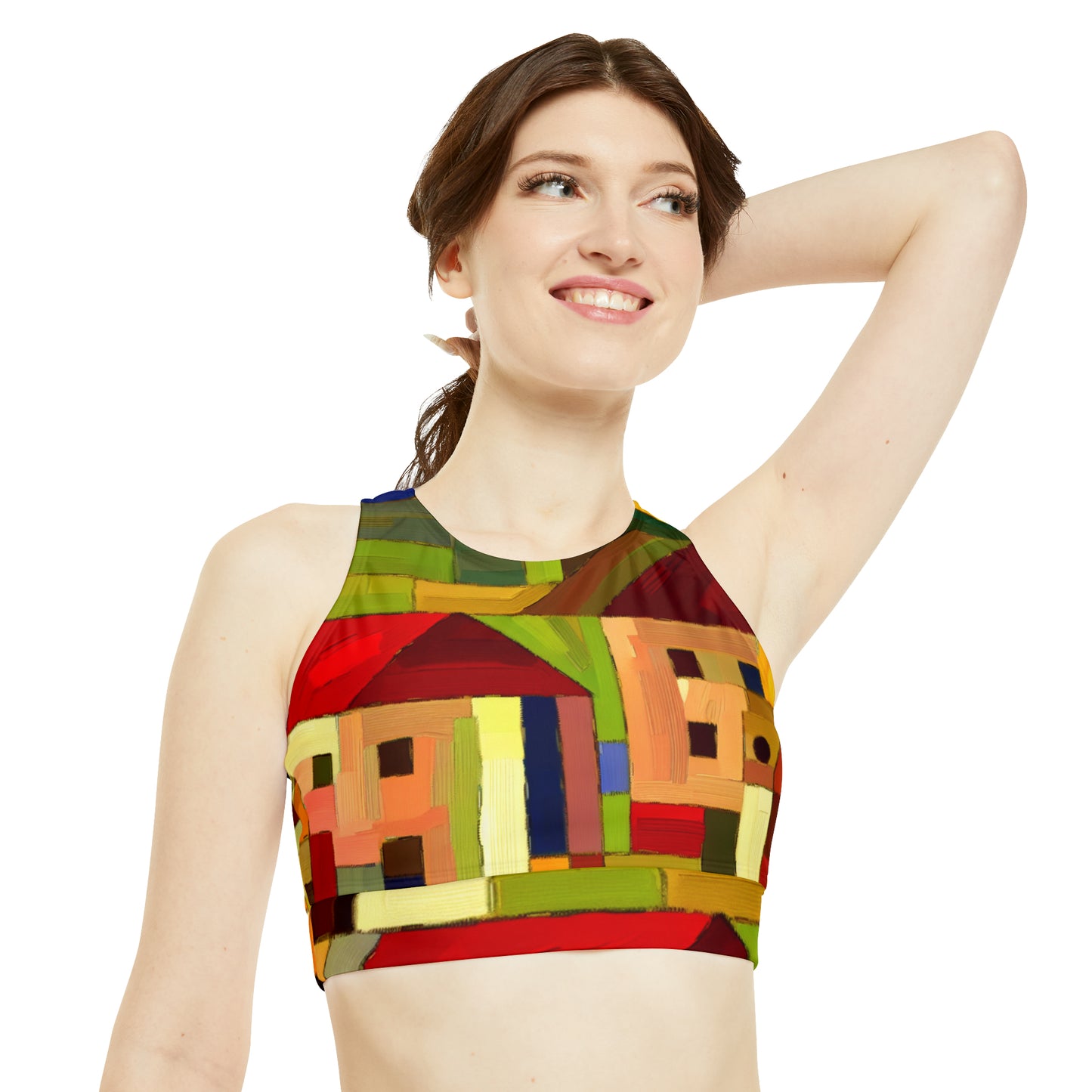 "Earthen Adobes in Hues of Hundertwasser" - High Neck Crop Top