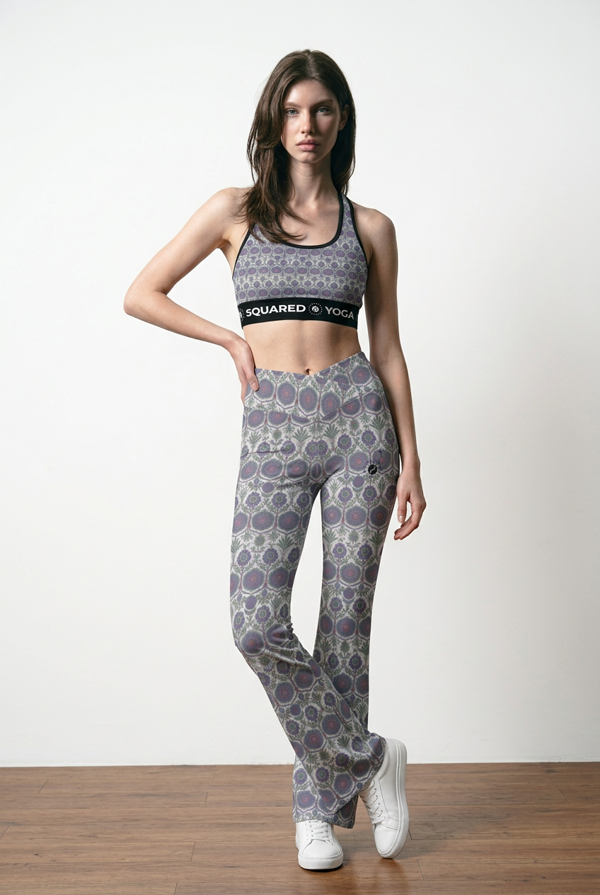 Jaipur Love Cross Waisted Flare Leggings with crossover waistband, V seam, flared leg, and printed stretch fabric