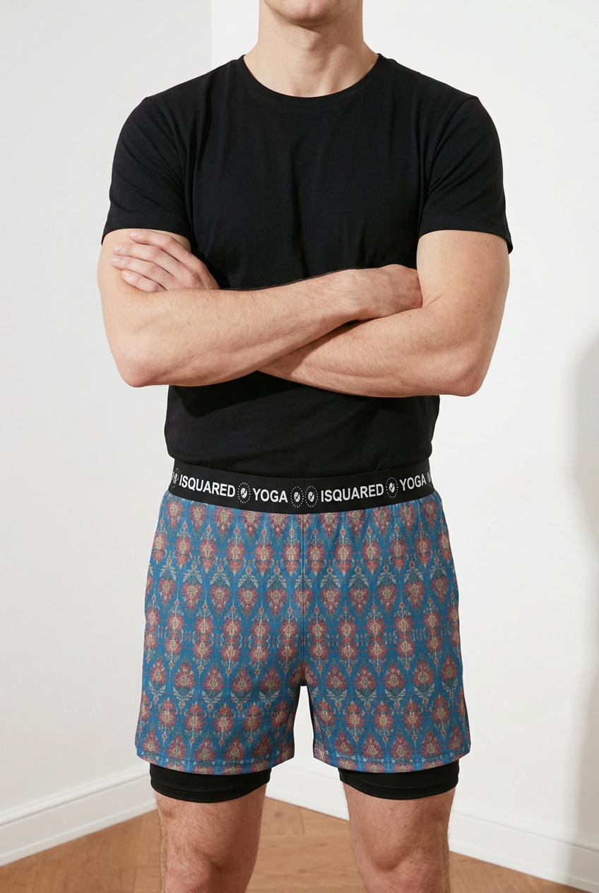 Jaipur Love dual-layer compression yoga shorts with mesh outer shell, milk silk liner, pockets, and vibrant print
