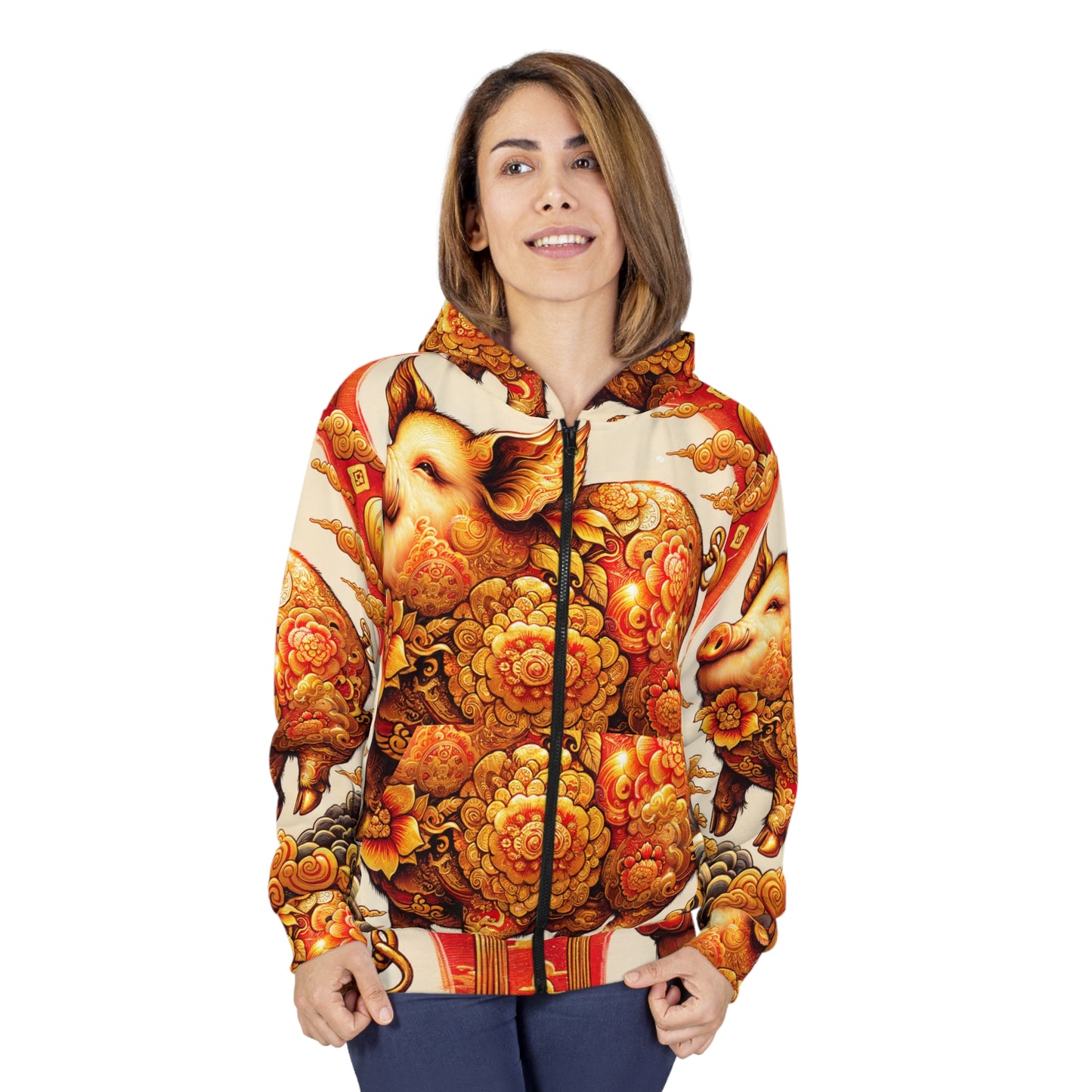 "Golden Prosperity: The Divine Boar Celebration" - Zip Hoodie