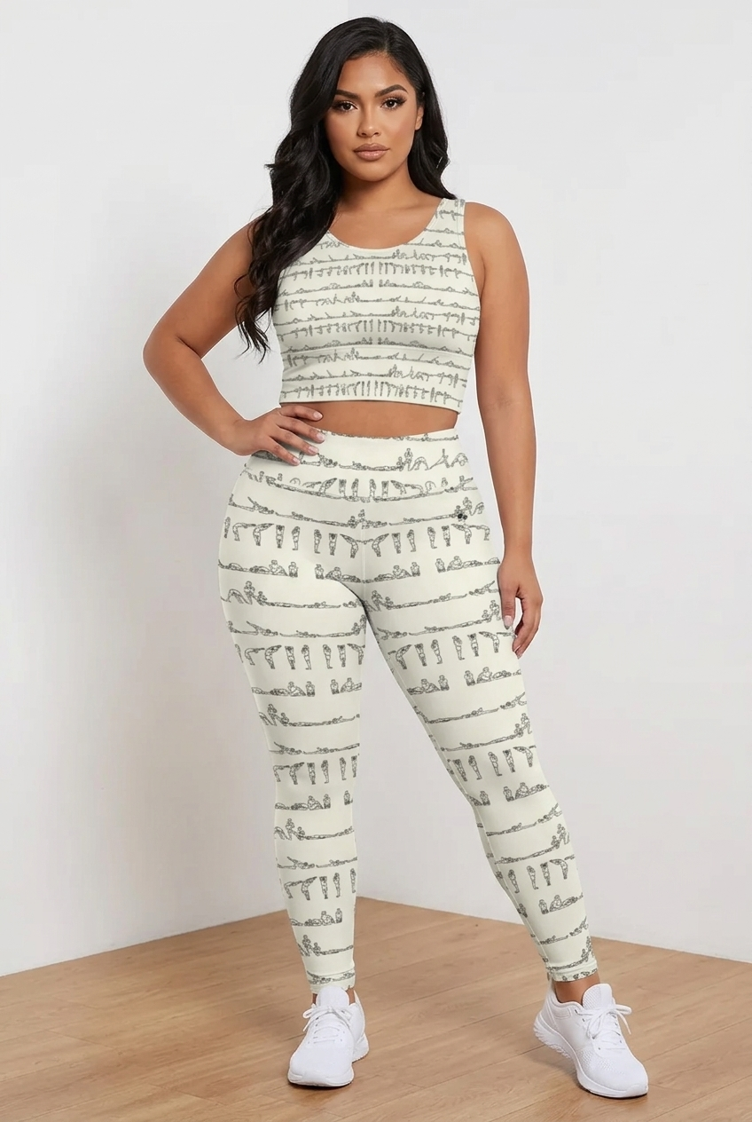 Bikram Series iSquared Pocket Leggings in light beige with yoga pose print, high-rise fit, styled with a matching crop top.