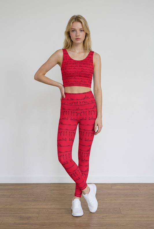 High-rise red leggings with a playful black yoga posture print, paired with a matching cropped top and white sneakers.