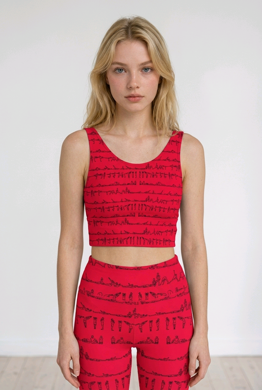Bikram Series iSquared Crop Top with all-over yoga pose print, padded support, cropped fit, and U-back design
