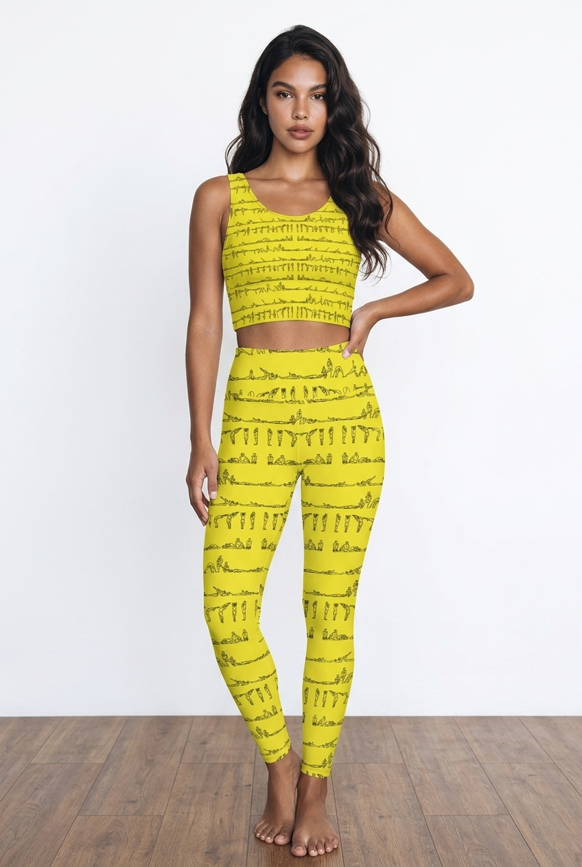 Bright yellow iSquared Pocket Leggings with a black printed design showcasing various yoga postures, worn with a matching crop top.