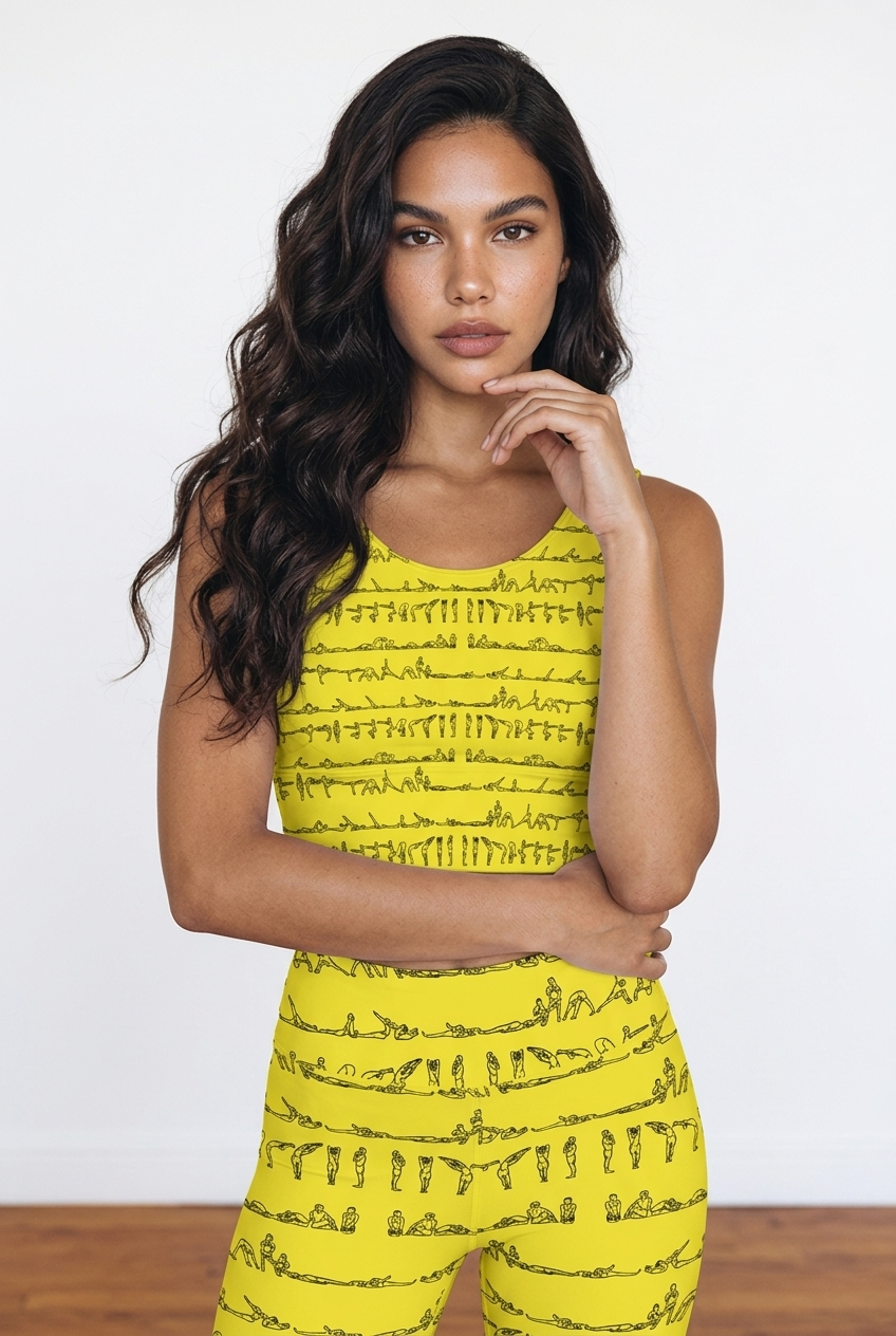 Bikram Series iSquared Crop Top with all-over yoga pose print, padded support, cropped fit, and U-back design