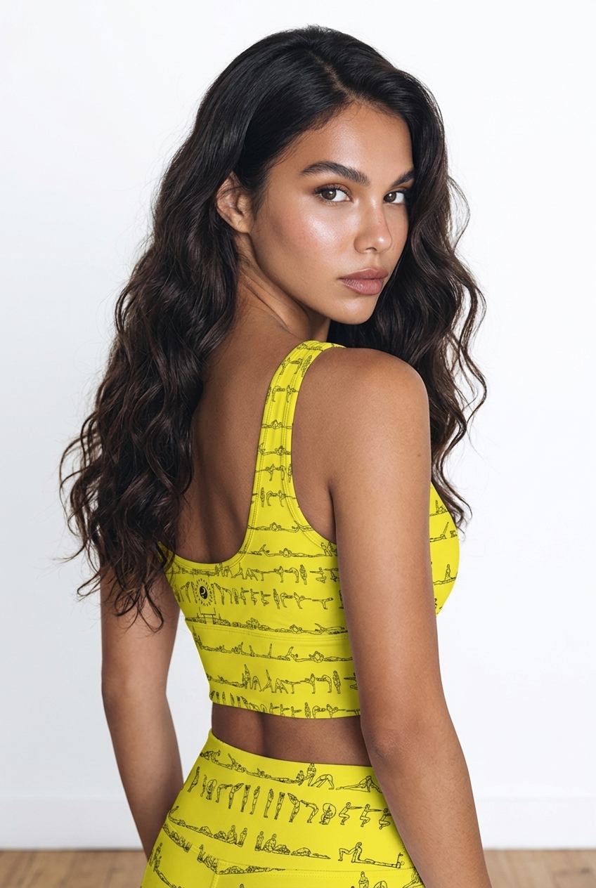 Bikram Series iSquared Crop Top with all-over yoga pose print, padded support, cropped fit, and U-back design