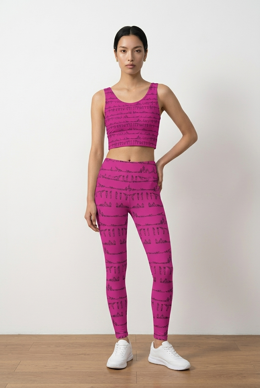 Bikram Series - iSquared Pocket Leggings in vibrant pink with black yoga posture prints, styled with a matching crop top.