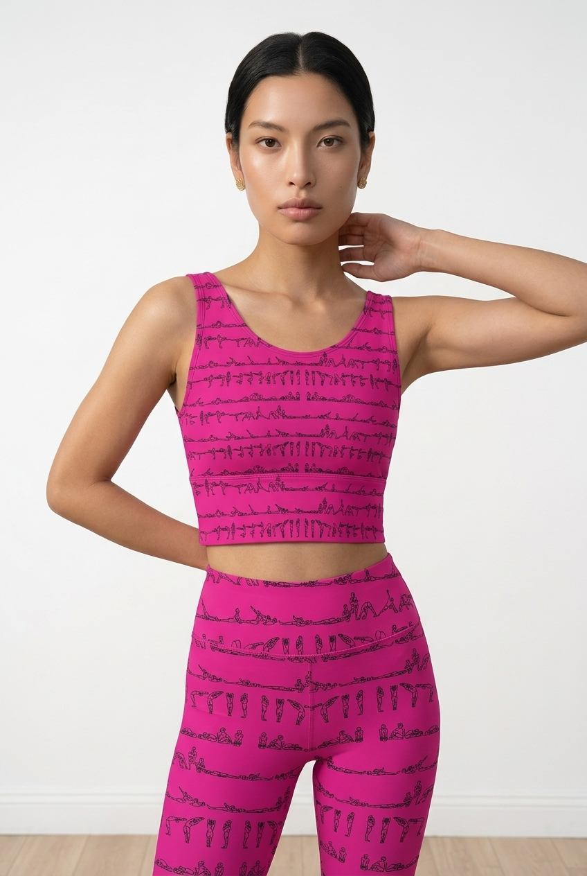 Bikram Series iSquared Crop Top with all-over yoga pose print, padded support, cropped fit, and U-back design