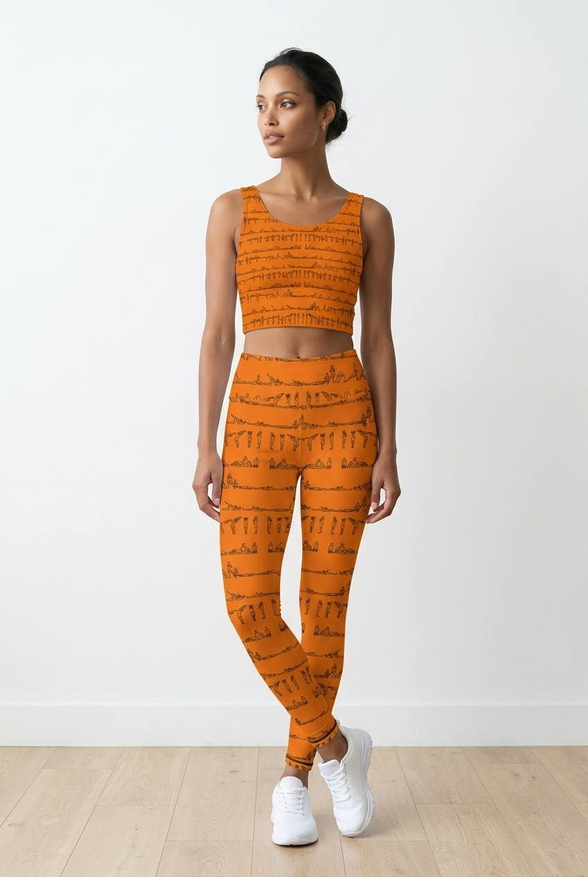 Bikram Series iSquared Pocket Leggings in orange with a yoga posture print, paired with a matching crop top.