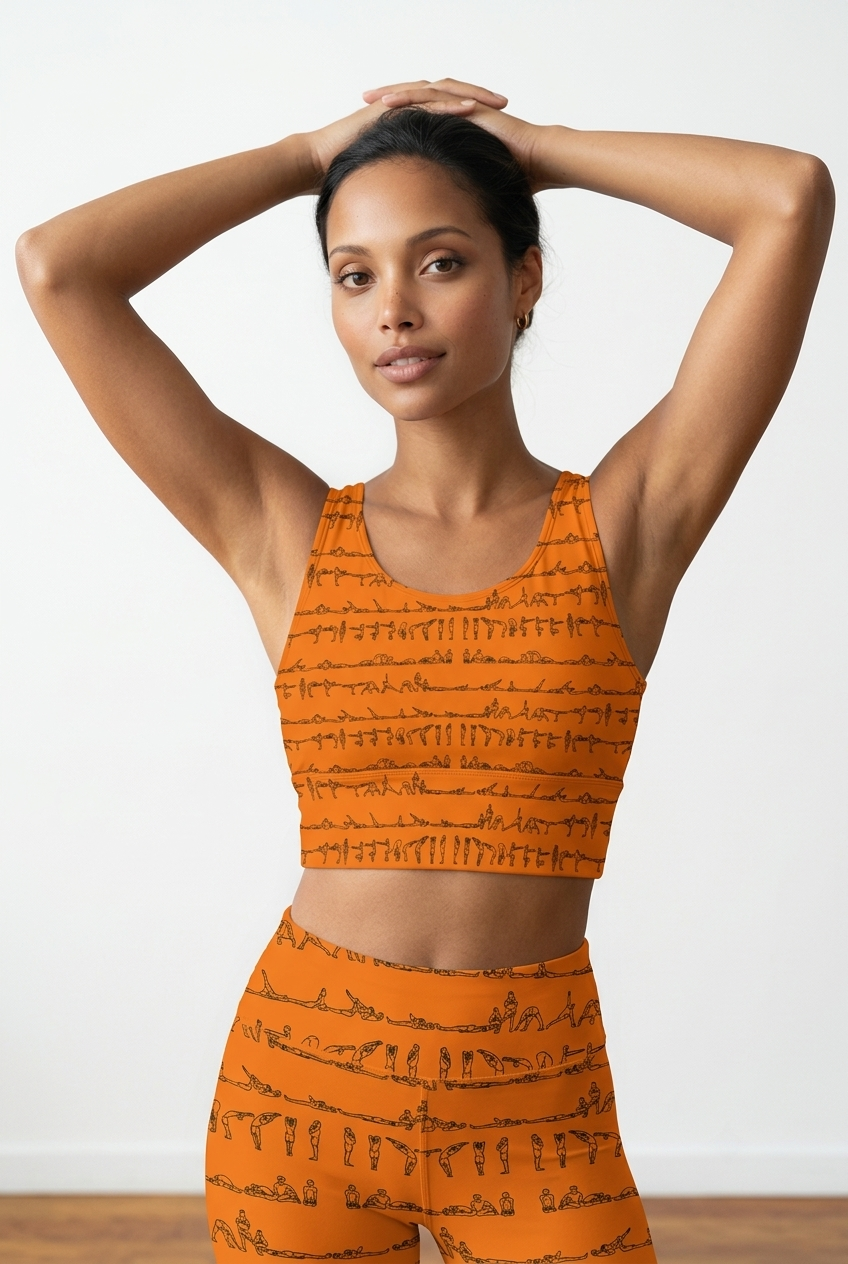 Bikram Series iSquared Crop Top with all-over yoga pose print, padded support, cropped fit, and U-back design