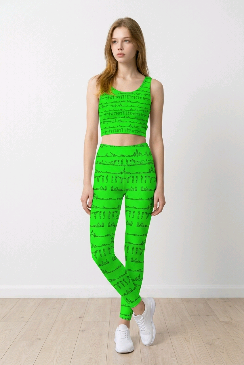 Bright green high-rise leggings with a stylish graphic print, paired with a matching cropped tank top.