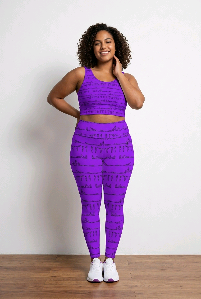 Purple leggings with a black yoga posture print, paired with a matching cropped top. Features snug fit and side pockets.