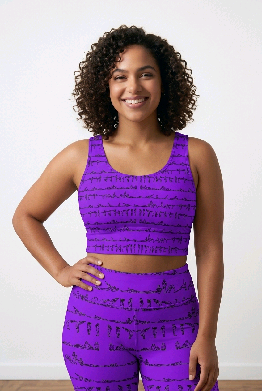 Bikram Series iSquared Crop Top with all-over yoga pose print, padded support, cropped fit, and U-back design