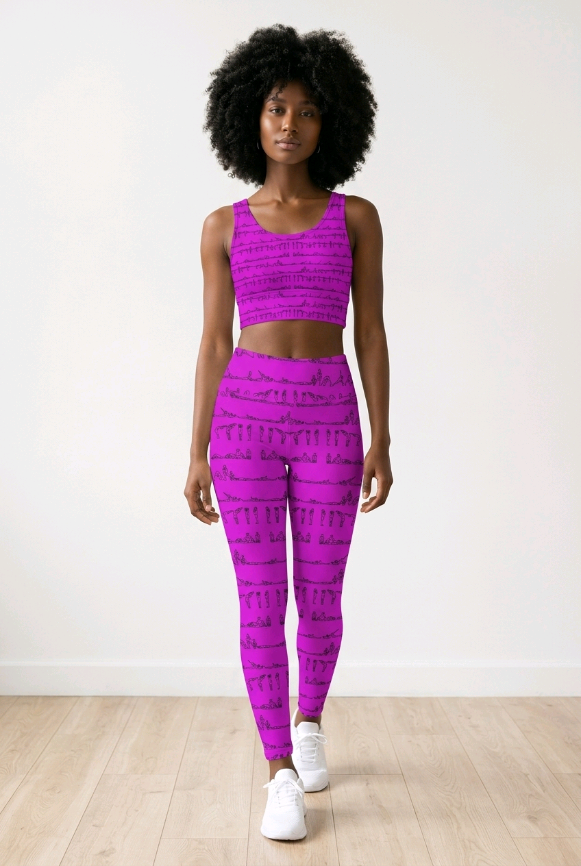 Bikram Series iSquared Pocket Leggings in vibrant purple with a yoga posture pattern, worn with a matching crop top.