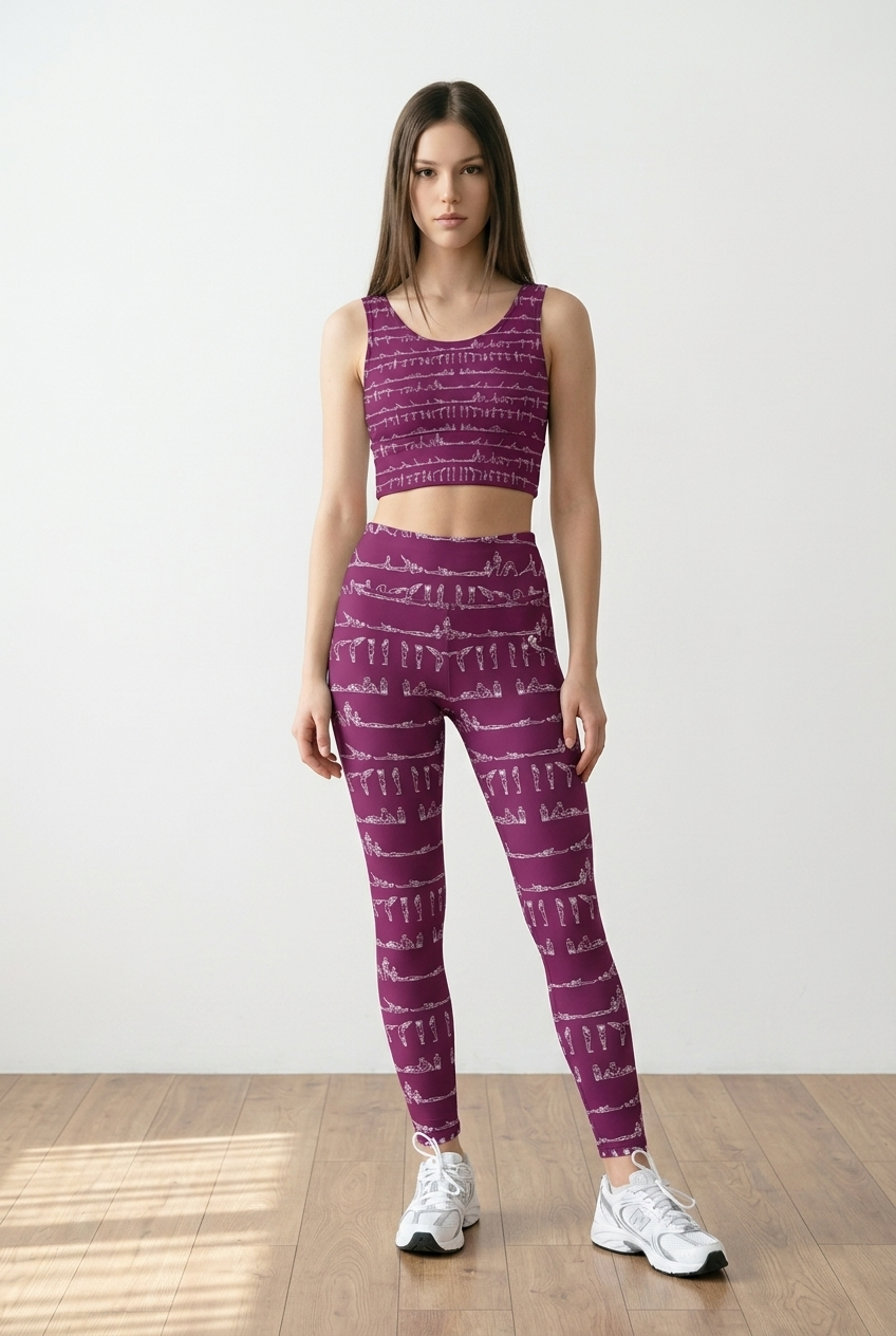 Bikram Ember iSquared Pocket Leggings in deep purple with white unique pattern, paired with a matching crop top.