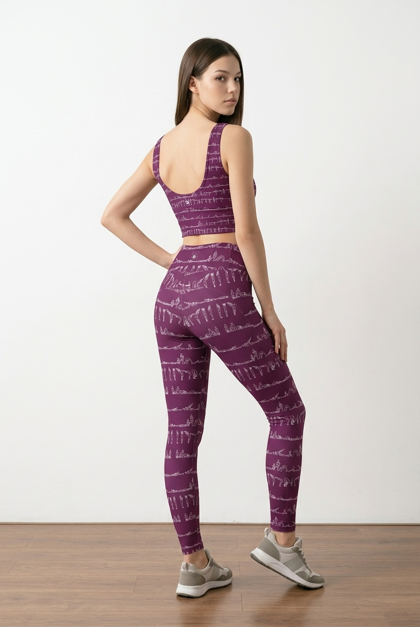 Bikram Ember pocket leggings in dark purple with a geometric pattern, worn with a matching crop top and sneakers.