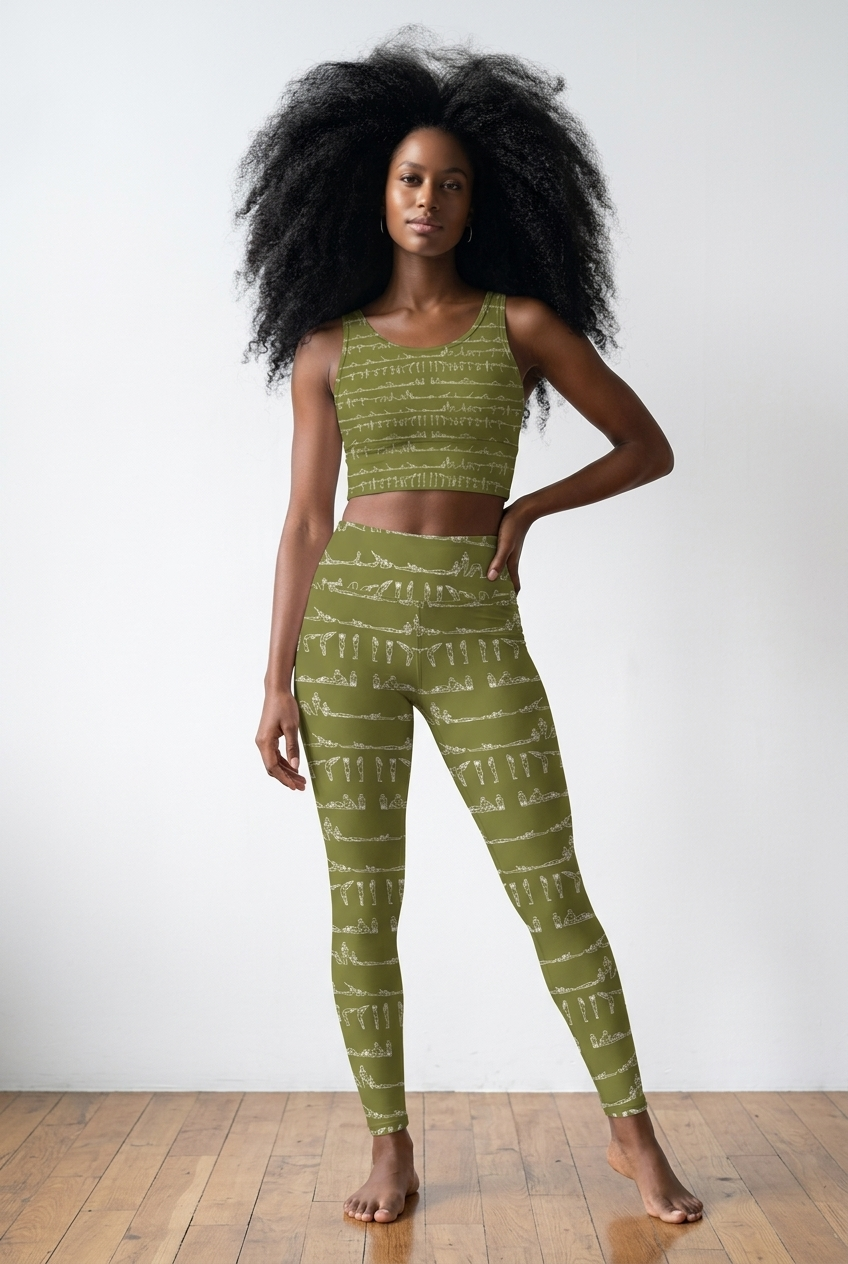 Olive green Bikram Ember iSquared Pocket Leggings with a contrasting abstract pattern, worn with a matching crop top.
