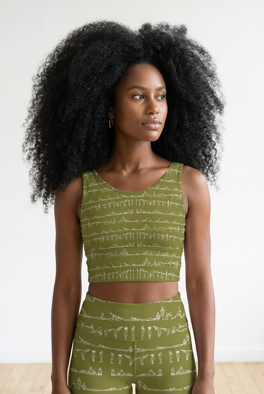 Bikram Ember iSquared crop top with U-back, removable pads, all-over yoga posture print, and cropped fit