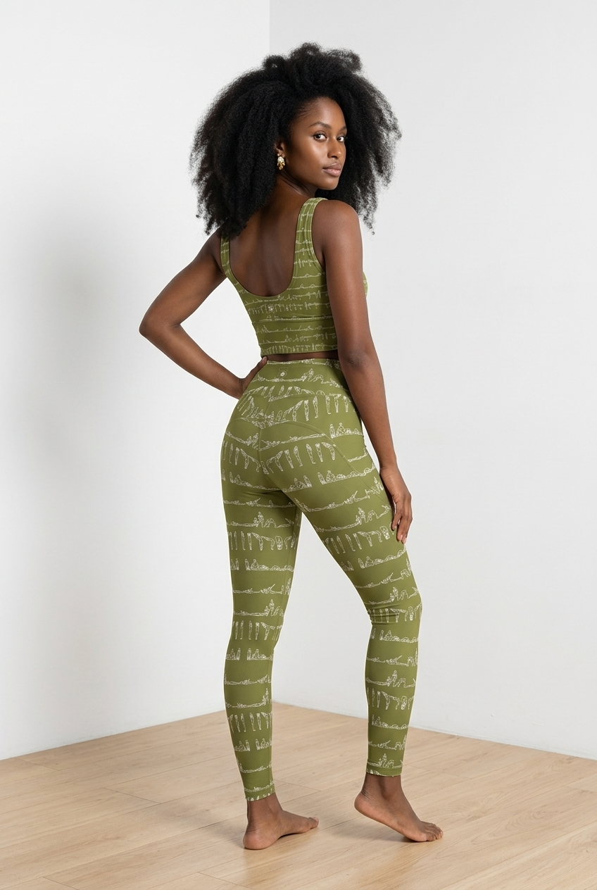Bikram Ember pocket leggings in olive green featuring a subtle design, high-rise fit, and snug, supportive waistband.