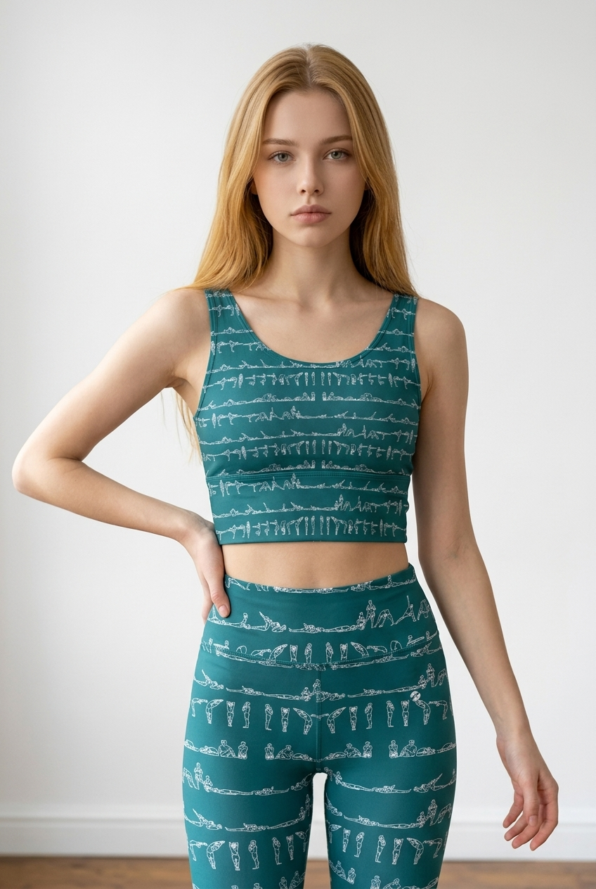 Bikram Ember iSquared crop top with U-back, removable pads, all-over yoga posture print, and cropped fit