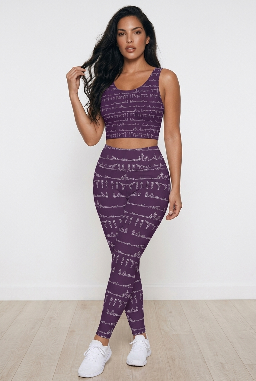 Bikram Ember pocket leggings in dark purple with a white yoga pose pattern, styled with a matching crop top.