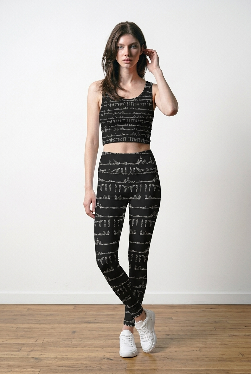 Black leggings with a textured gem-inspired pattern, paired with a matching cropped top, worn with white sneakers.