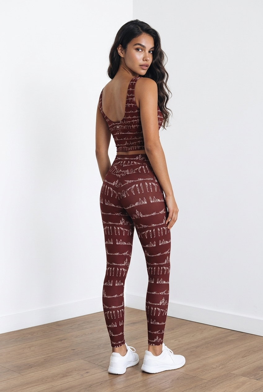 Bikram Ember pocket leggings in burgundy with white yoga-inspired patterns, paired with a matching crop top.