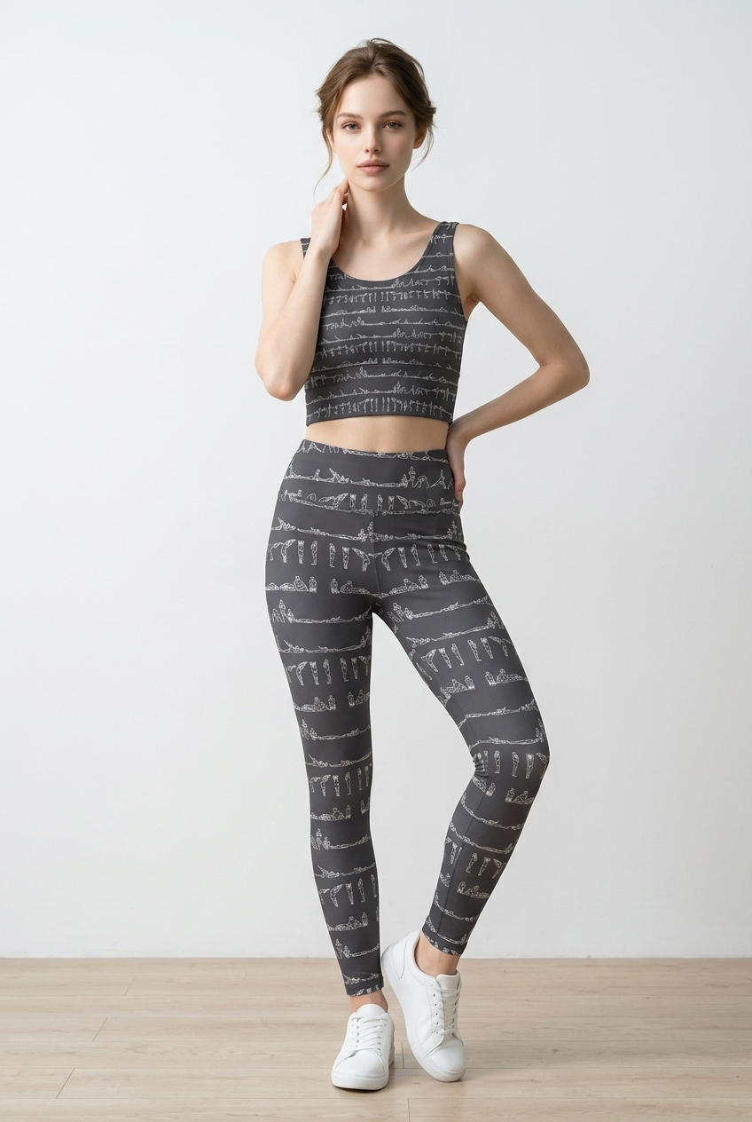 Gray leggings featuring a unique yoga pose pattern, paired with a matching crop top, styled with white sneakers.