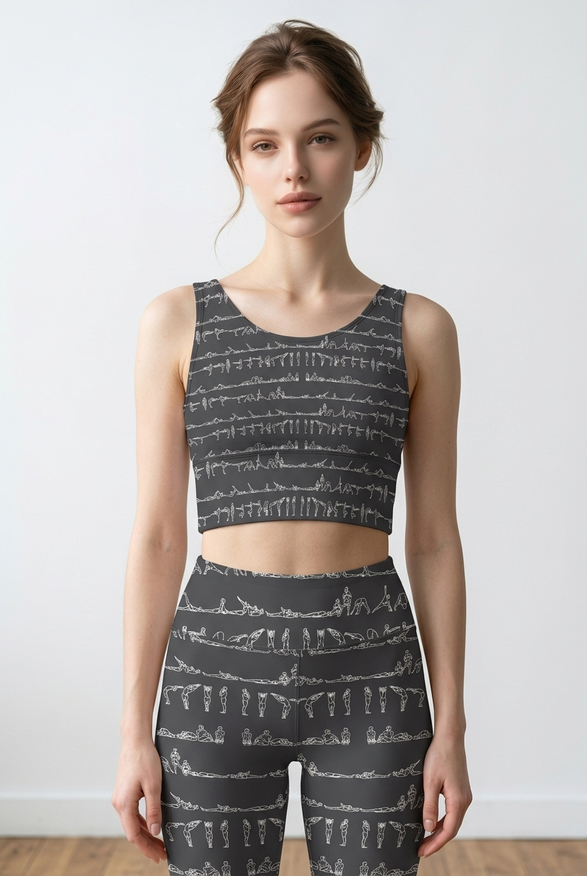 Bikram Ember iSquared crop top with U-back, removable pads, all-over yoga posture print, and cropped fit