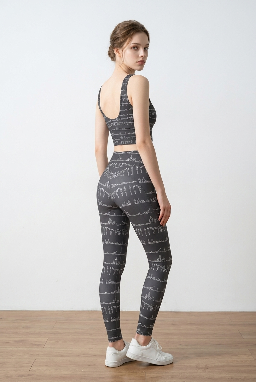 Bikram Ember - iSquared Pocket Leggings in dark gray with a yoga pose print; features high-rise waistband and pockets.