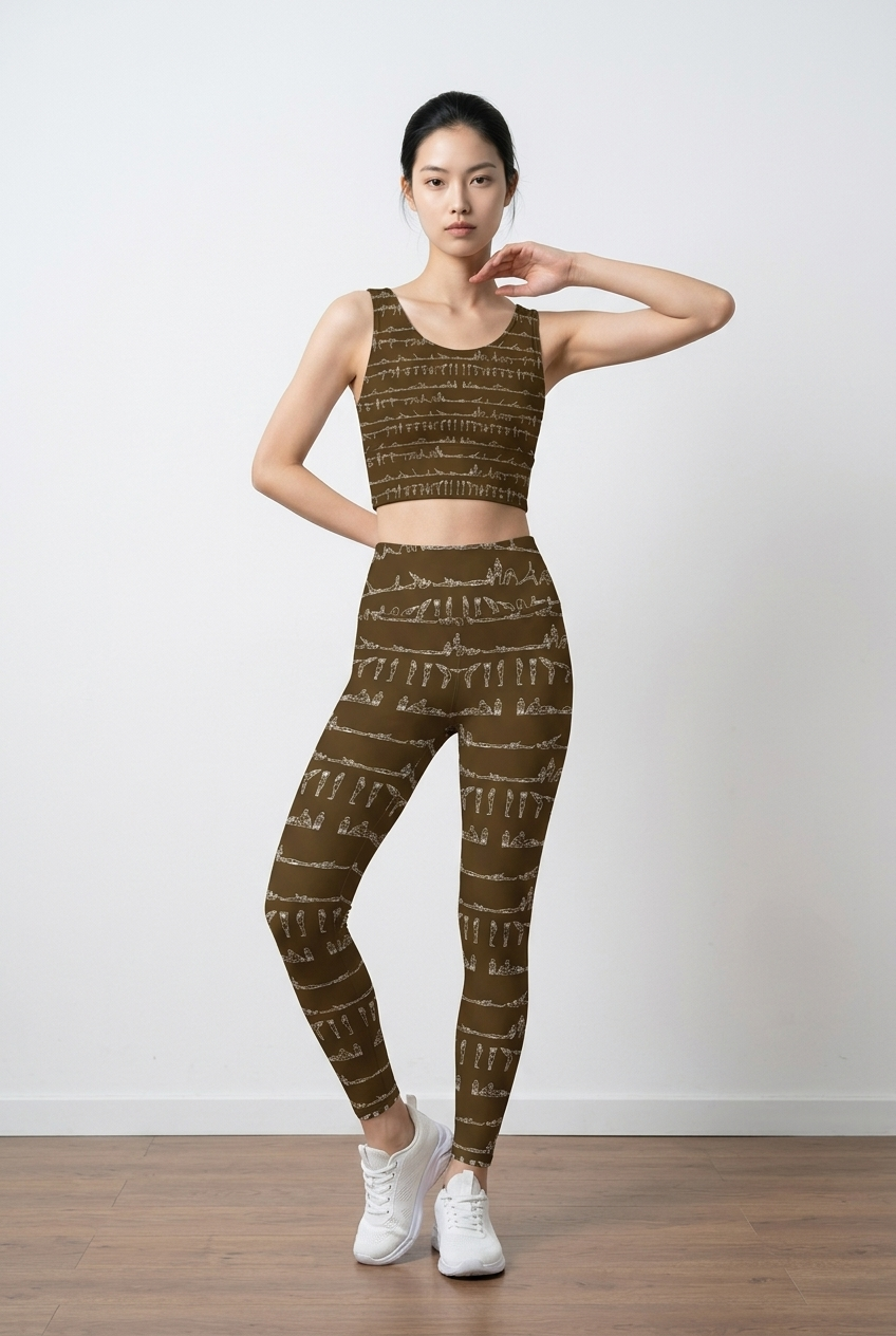 Bikram Ember pocket leggings in a dark brown with a subtle yoga pose pattern, styled with a matching crop top.