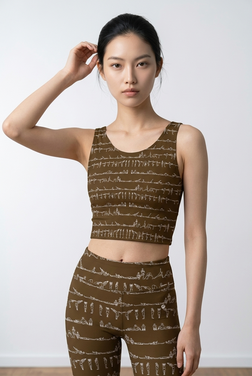 Bikram Ember iSquared crop top with U-back, removable pads, all-over yoga posture print, and cropped fit