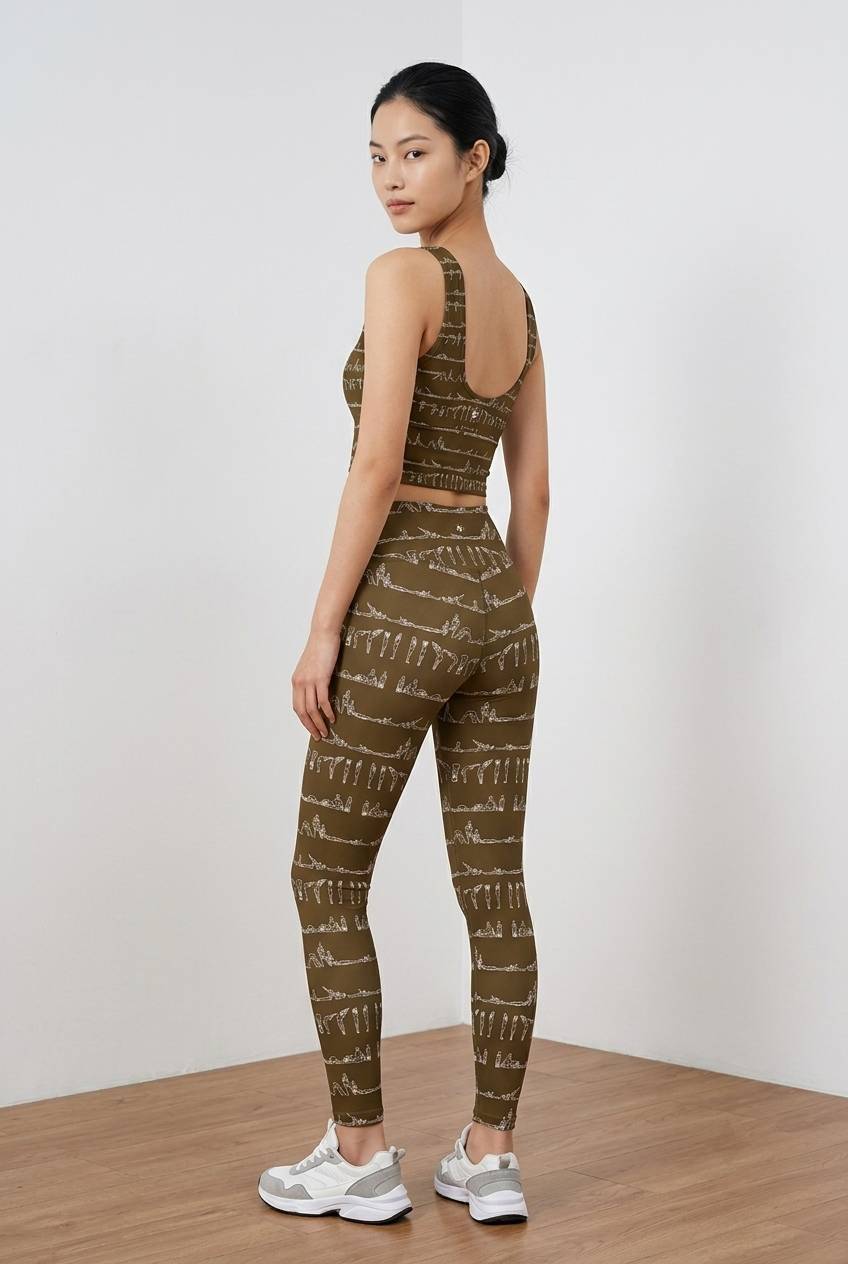 Bikram Ember pocket leggings in olive green with a subtle geometric pattern, high-rise fit, and a smooth, stretchy fabric.