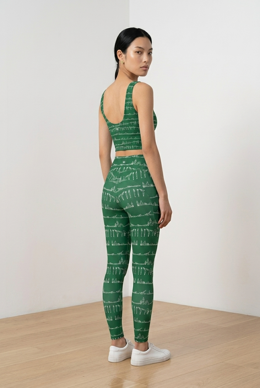 Green yoga leggings with a white abstract pattern, high-rise waist, and snug fit, paired with a matching crop top.