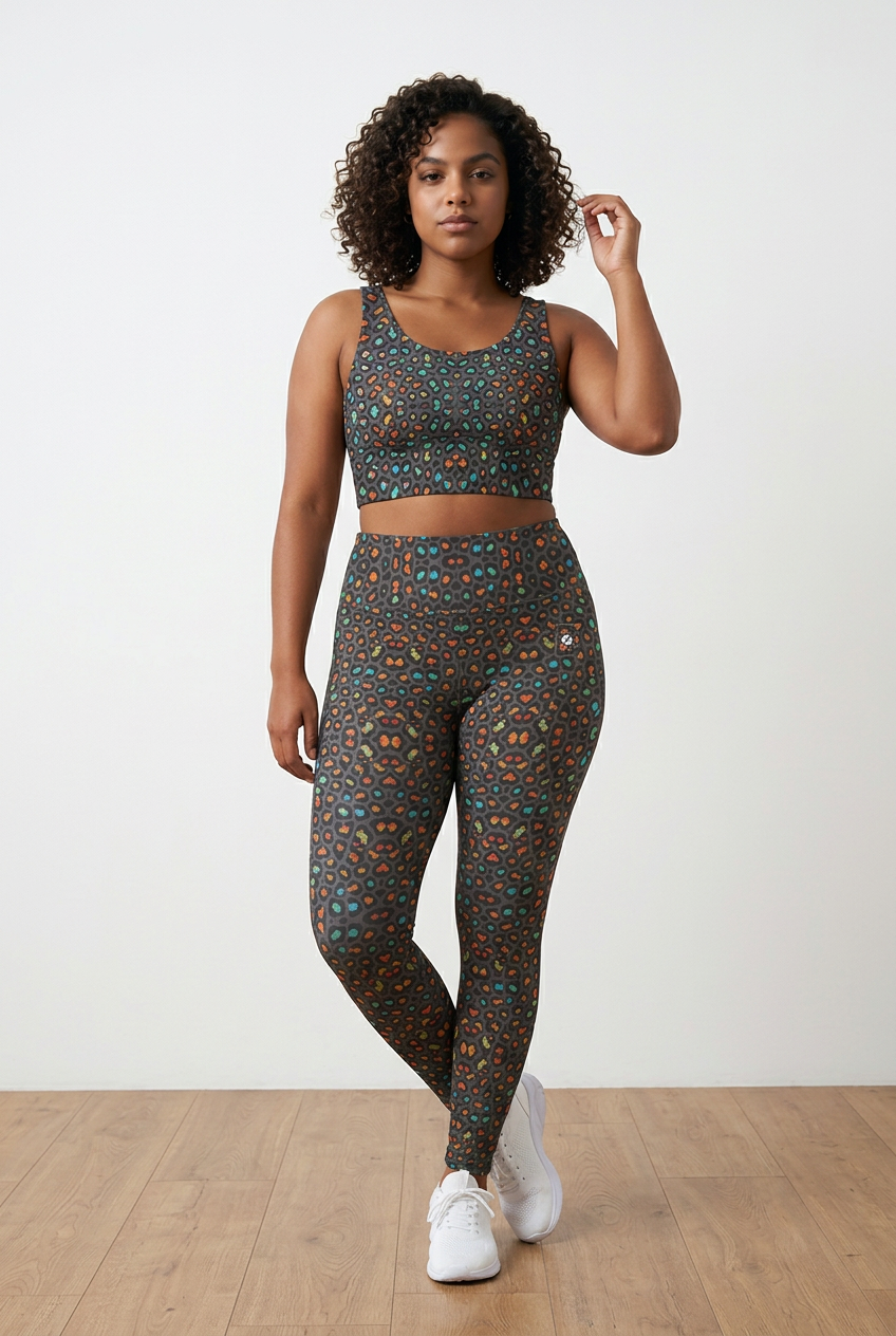 High-rise pocket leggings in a colorful leopard print pattern, featuring soft fabric and a secure side pocket