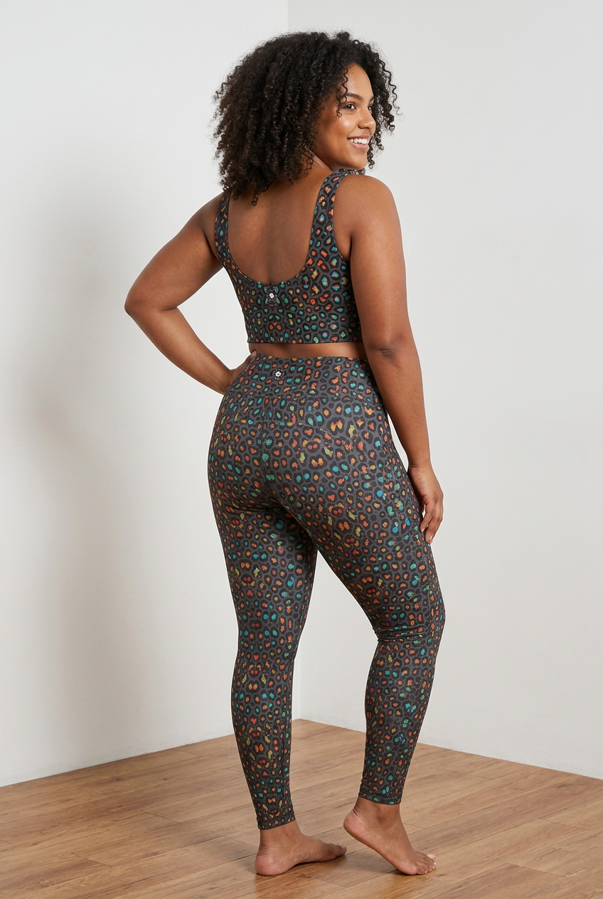 High-rise pocket leggings in a colorful leopard print pattern, featuring soft fabric and a secure side pocket
