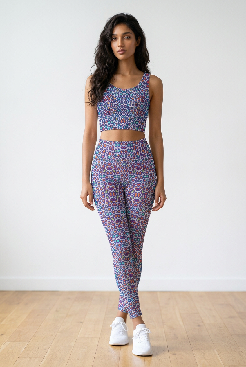 High-rise pocket leggings in a colorful leopard print pattern, featuring soft fabric and a secure side pocket