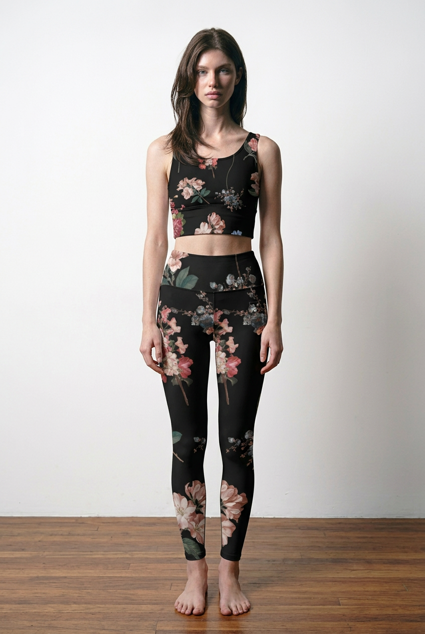 Floral pattern leggings in vibrant coral, featuring a high-rise waist and side pockets, worn with white sneakers.