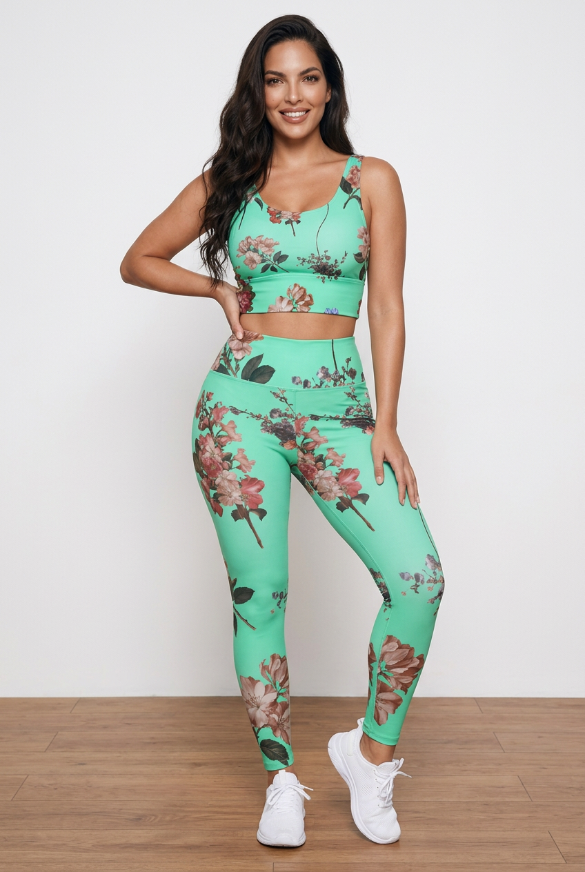 Floral pattern leggings in vibrant coral, featuring a high-rise waist and side pockets, worn with white sneakers.