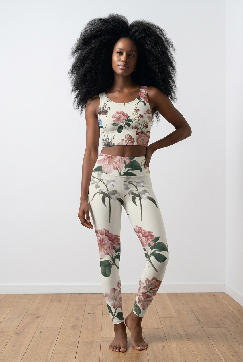 Floral pattern leggings in vibrant coral, featuring a high-rise waist and side pockets, worn with white sneakers.